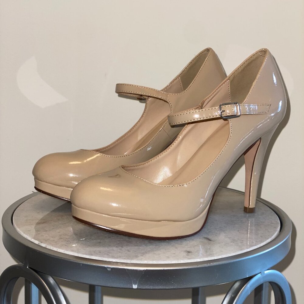 Nude Patent Leather Mary Jane Pump w/ Rounded Toe